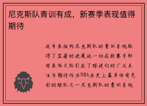 尼克斯队青训有成，新赛季表现值得期待
