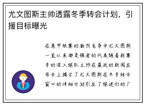 尤文图斯主帅透露冬季转会计划，引援目标曝光