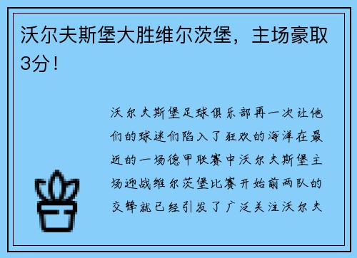沃尔夫斯堡大胜维尔茨堡，主场豪取3分！