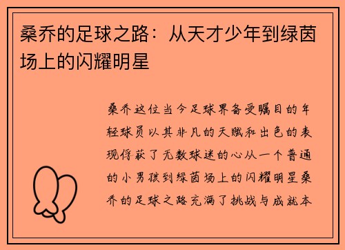 桑乔的足球之路：从天才少年到绿茵场上的闪耀明星