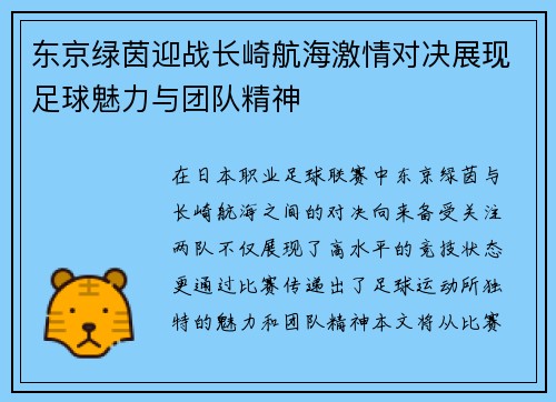 东京绿茵迎战长崎航海激情对决展现足球魅力与团队精神