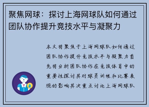 聚焦网球：探讨上海网球队如何通过团队协作提升竞技水平与凝聚力