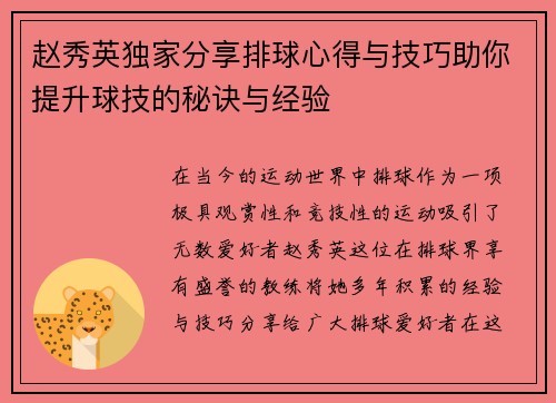 赵秀英独家分享排球心得与技巧助你提升球技的秘诀与经验